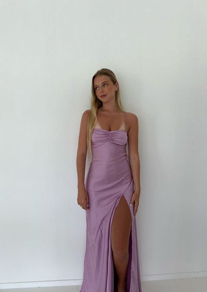 Sexy Mermaid Straps Lilac Slit Long Prom Dress