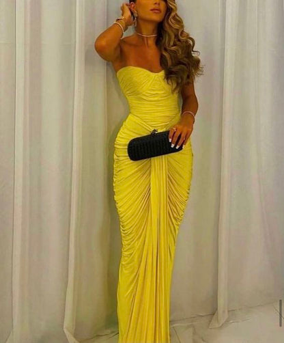 Sexy Mermaid Sweetheart Ruffles Yellow Prom Dress Weddingh Guest Dresses
