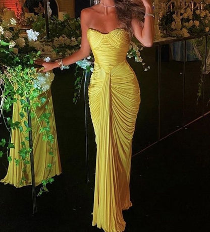 Sexy Mermaid Sweetheart Ruffles Yellow Prom Dress Weddingh Guest Dresses