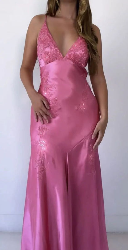 Chic Mermaid Spaghetti Straps Pink Satin Evening Dress Long Prom Dresses