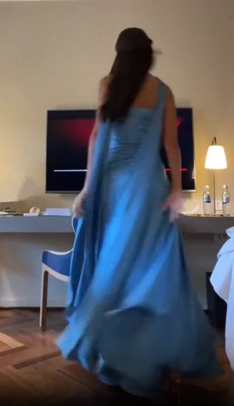 Simple A line Spaghetti Straps Blue Satin Prom Dresses Birthday Outfits