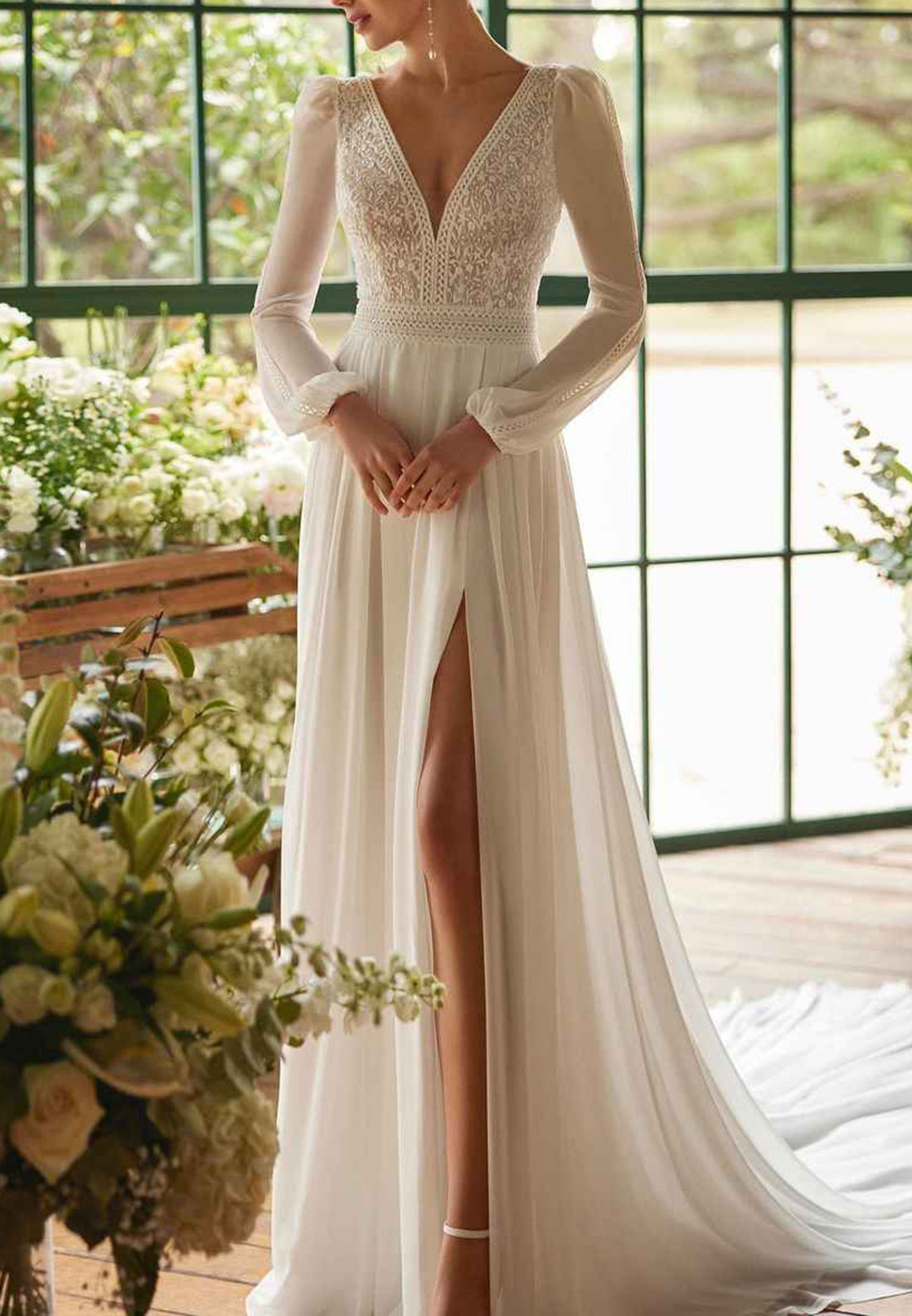 lace v neck long sleeve wedding dress V-Neck Sleeves Appliques A-Line Boho Ball Gowns Designer Evening adding a sense of BestMermaid Size:Adult | 37.5|R