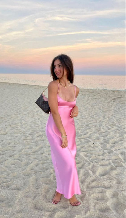 Simple A line Straps Sleeveless Party Dress Silk Satin Pink Prom Dress