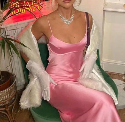 Simple A line Straps Sleeveless Party Dress Silk Satin Pink Prom Dress