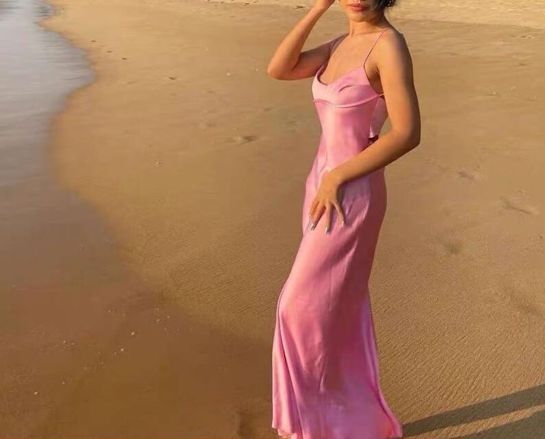 Simple A line Straps Sleeveless Party Dress Silk Satin Pink Prom Dress