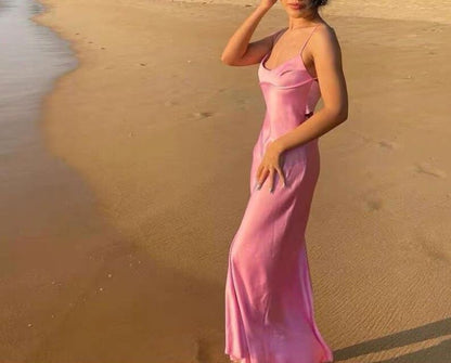 Simple A line Straps Sleeveless Party Dress Silk Satin Pink Prom Dress