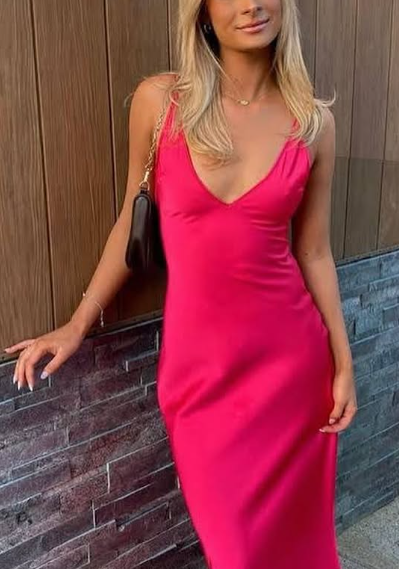 Sexy A line V neckline Sleeveless Party Dress Hot Pink Prom Dress