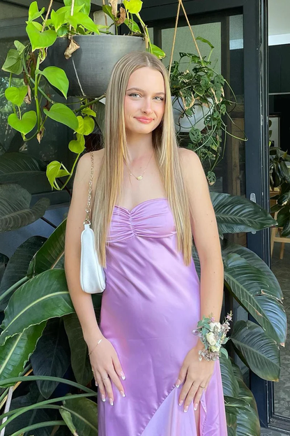 Sexy A line Straps Sleeveless Party Dress Hot Pink Side Slit Prom Dress