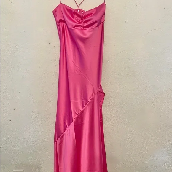 Sexy A line Straps Sleeveless Party Dress Hot Pink Side Slit Prom Dress