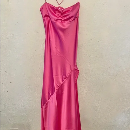 Sexy A line Straps Sleeveless Party Dress Hot Pink Side Slit Prom Dress