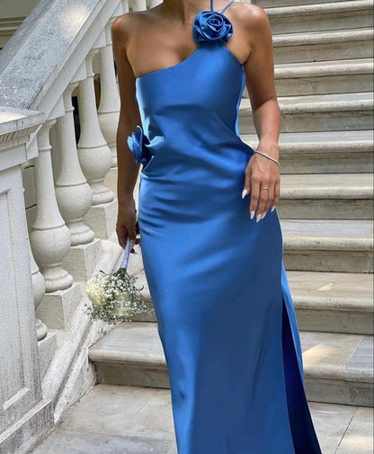 Sexy A line Backless Royal Blue Satin Prom Dresses