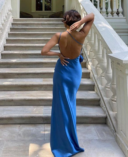Sexy A line Backless Royal Blue Satin Prom Dresses
