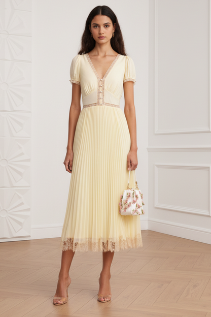 Yellow Wedding Guest Dress Pleated Lace Midi Dress