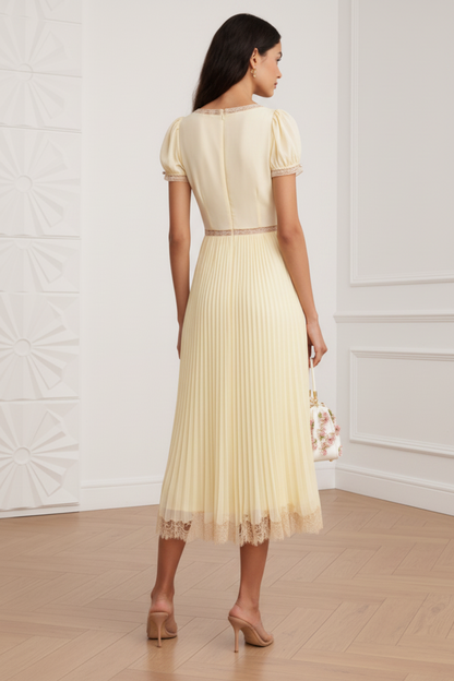 Yellow Wedding Guest Dress Pleated Lace Midi Dress