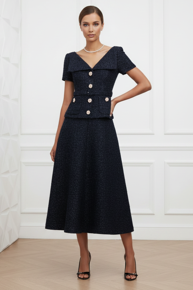 Navy V-Neck Cocktail A-Line Midi Dress