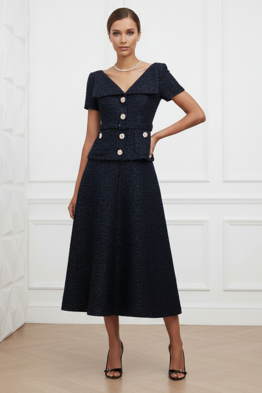 Navy V-Neck Cocktail A-Line Midi Dress