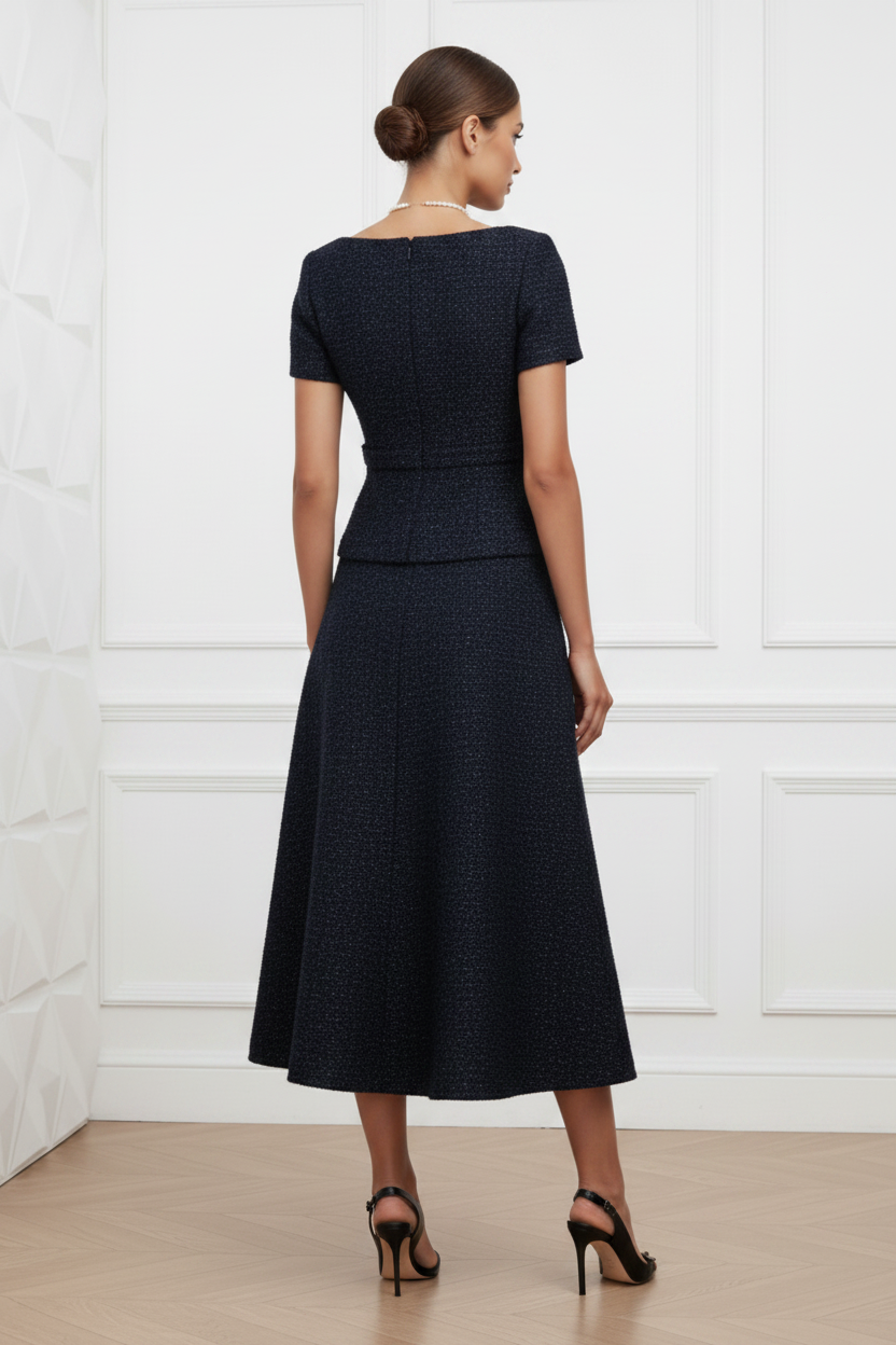 Navy V-Neck Cocktail A-Line Midi Dress