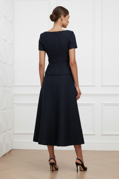 Navy V-Neck Cocktail A-Line Midi Dress