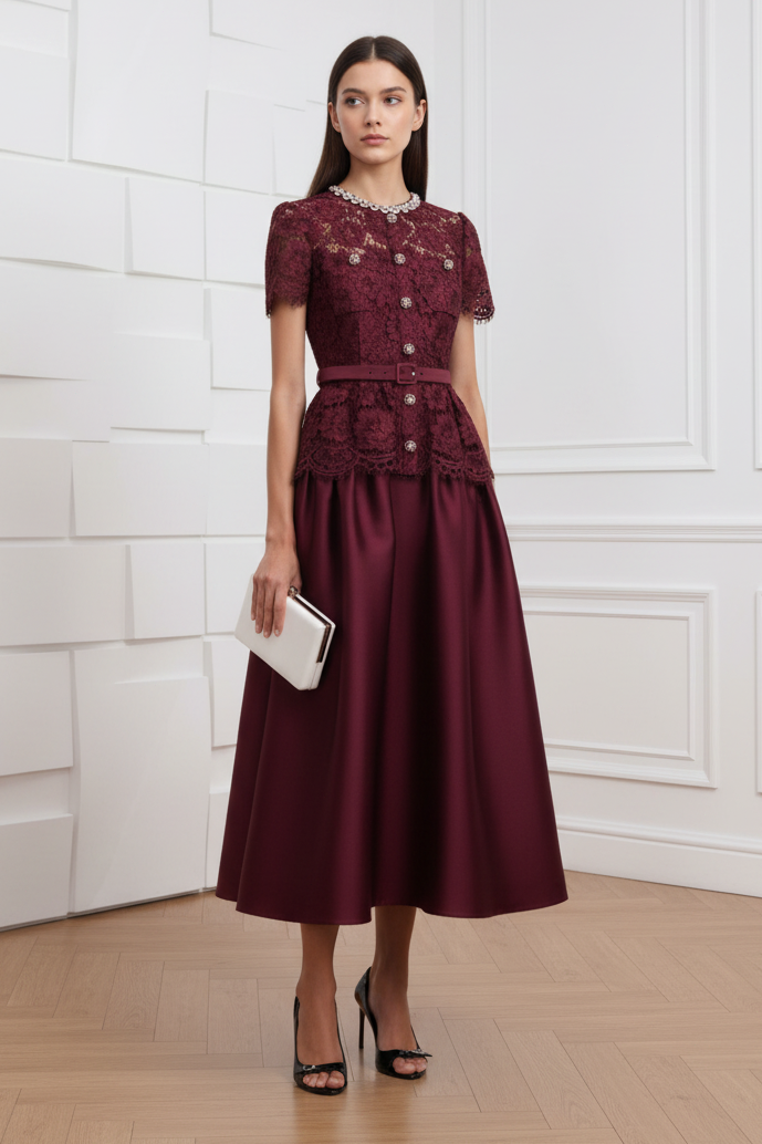 Burgundy Lace A-Line Cocktail Dress Taffeta Midi Dress