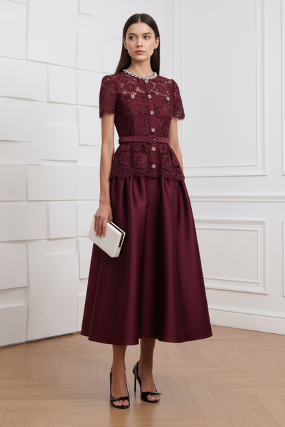 Burgundy Lace A-Line Cocktail Dress Taffeta Midi Dress