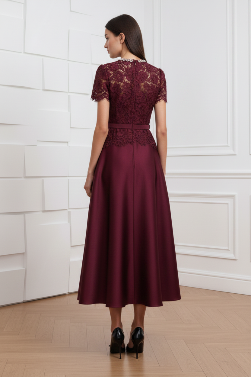 Burgundy Lace A-Line Cocktail Dress Taffeta Midi Dress