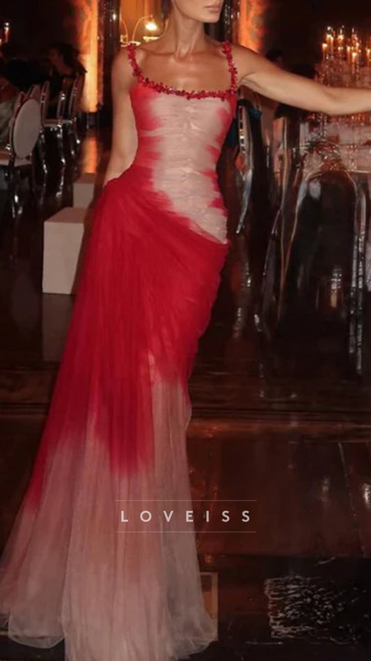 Charming Spaghetti Straps Ombre Red Tulle Beaded Mermaid Evening Dress Formal Long Party Gown