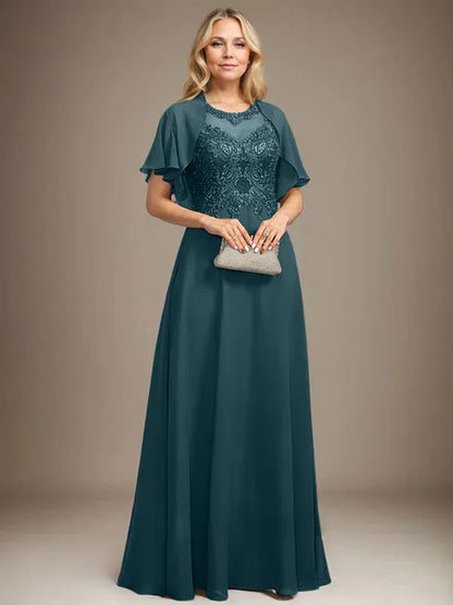 A-line Scoop Illusion Floor-Length Lace Chiffon Mother of the Bride Dress With Sequins