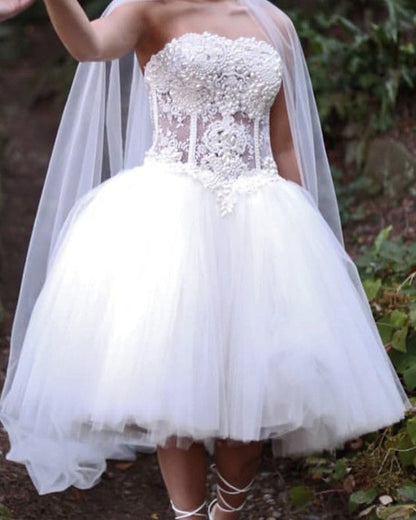 Pearl Beaded Sweetheart Corset Tulle Wedding Dresses Tea Length
