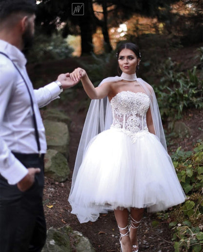 Pearl Beaded Sweetheart Corset Tulle Wedding Dresses Tea Length