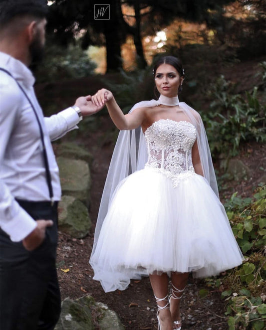 Pearl Beaded Sweetheart Corset Tulle Wedding Dresses Tea Length