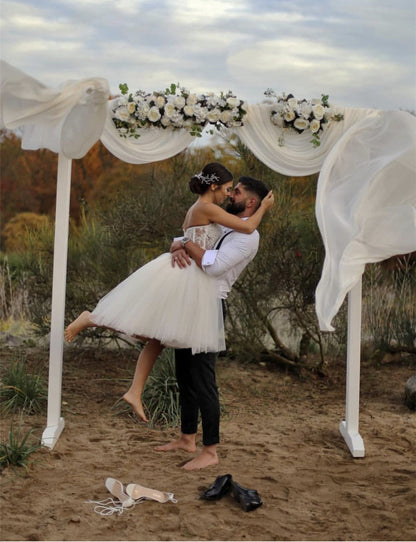 Pearl Beaded Sweetheart Corset Tulle Wedding Dresses Tea Length