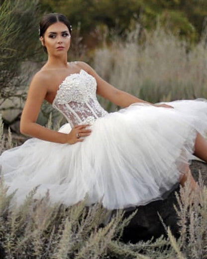 Pearl Beaded Sweetheart Corset Tulle Wedding Dresses Tea Length