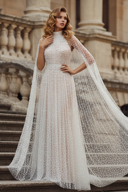 Pearl Cape Sleeves Maxi Dress White