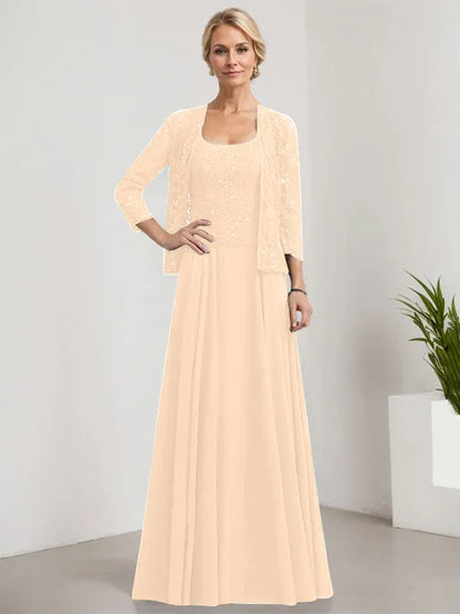 A-line Square Floor-Length Lace Chiffon Mother of the Bride Dress With Sequins
