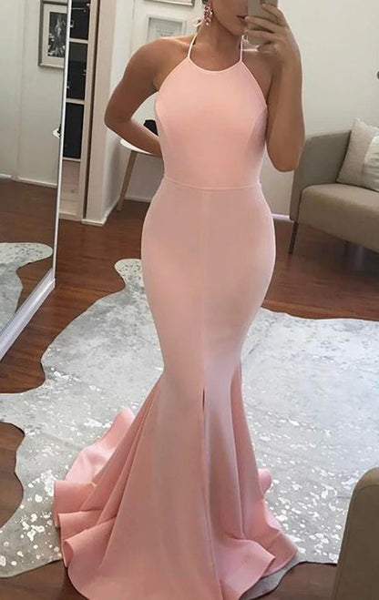 Pink Halter Mermaid Satin Long Prom Dresses
