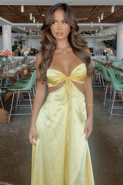 Pink Strapless Column Satin Cut Out Long Prom Dress