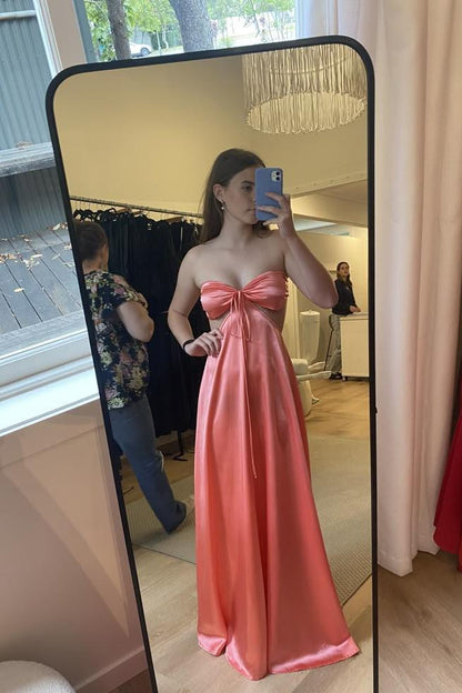 Pink Strapless Column Satin Cut Out Long Prom Dress