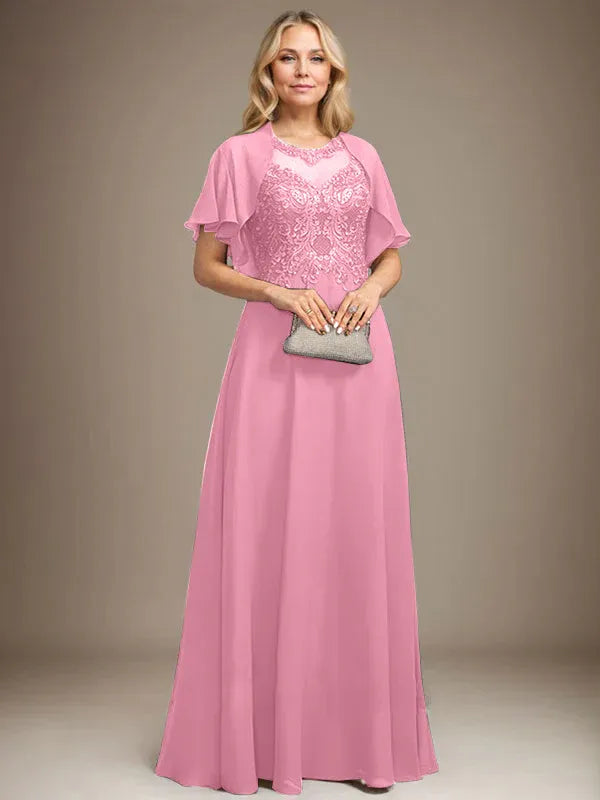 A-line Scoop Illusion Floor-Length Lace Chiffon Mother of the Bride Dress With Sequins