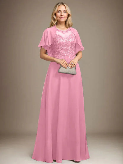 A-line Scoop Illusion Floor-Length Lace Chiffon Mother of the Bride Dress With Sequins