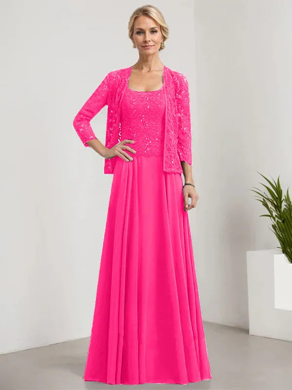 A-line Square Floor-Length Lace Chiffon Mother of the Bride Dress With Sequins