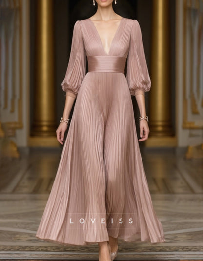 Plunging V-Neck And Puff Sleeves Maxi Dress