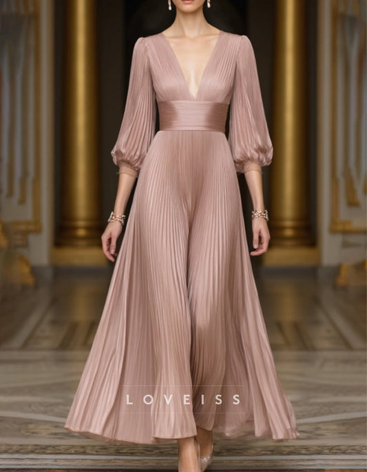 Plunging V-Neck And Puff Sleeves Maxi Dress