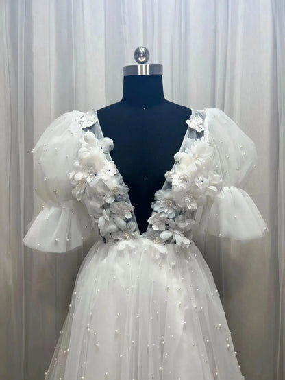 Short Wedding Dresses Plunging V-Neck Half Sleeves Pearls Flowers Mini Bride Dresses