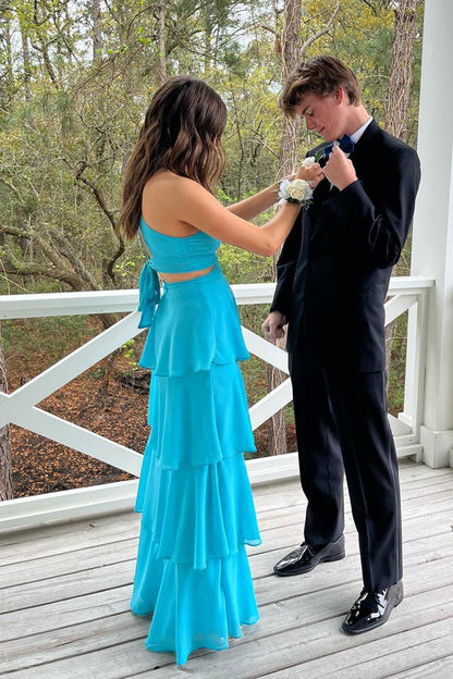 Pretty Cutouts Tiered Chiffon Blue Prom Dress Party Dress