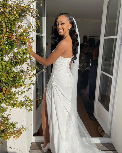 Princess Plus Size Satin Minimalist Wedding Dresses Mermaid Strapless Slit