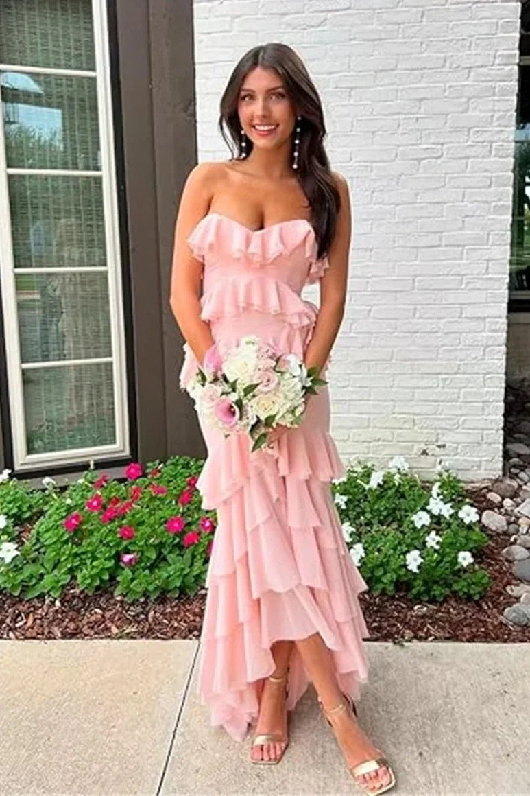 Princess Sheath Sweetheart Pink Long Prom Dress with Ruffles
