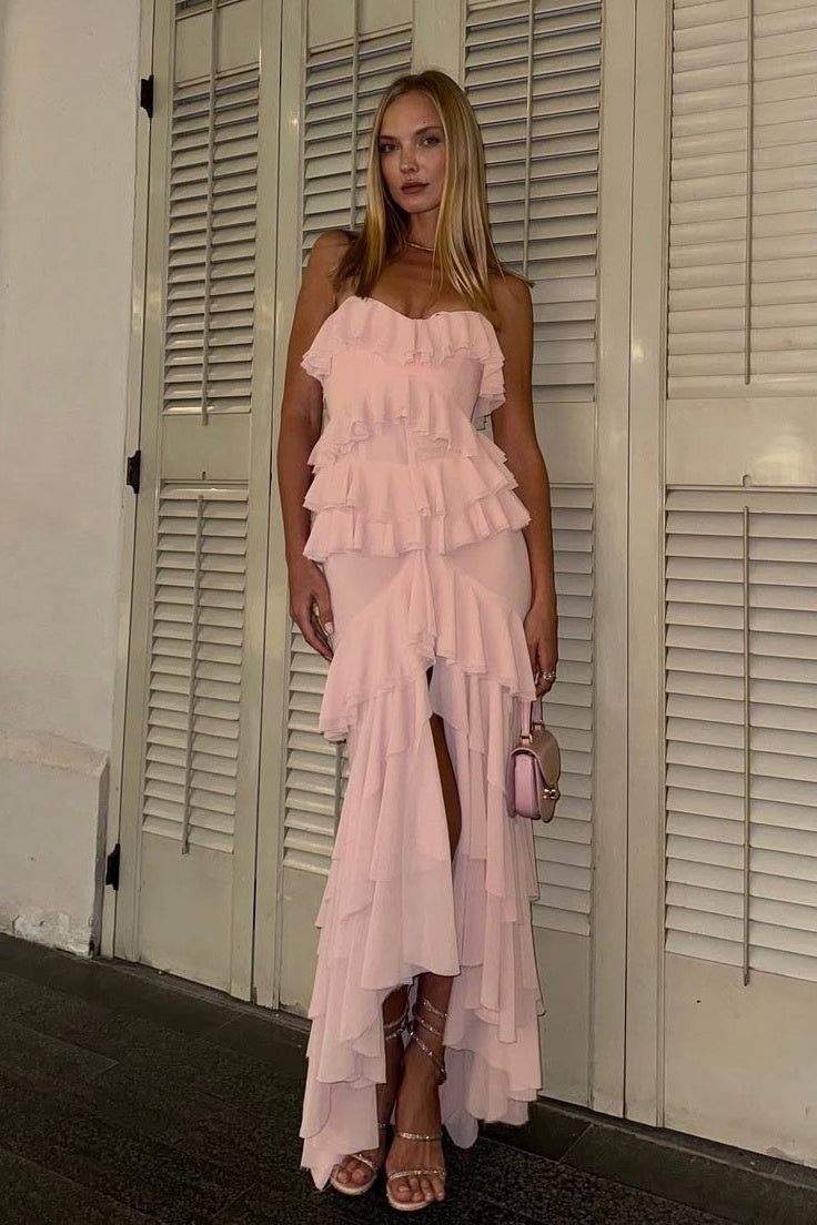 Princess Sheath Sweetheart Pink Long Prom Dress with Ruffles