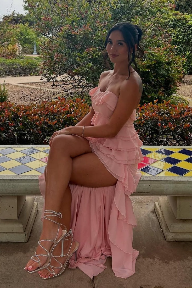 Princess Sheath Sweetheart Pink Long Prom Dress with Ruffles