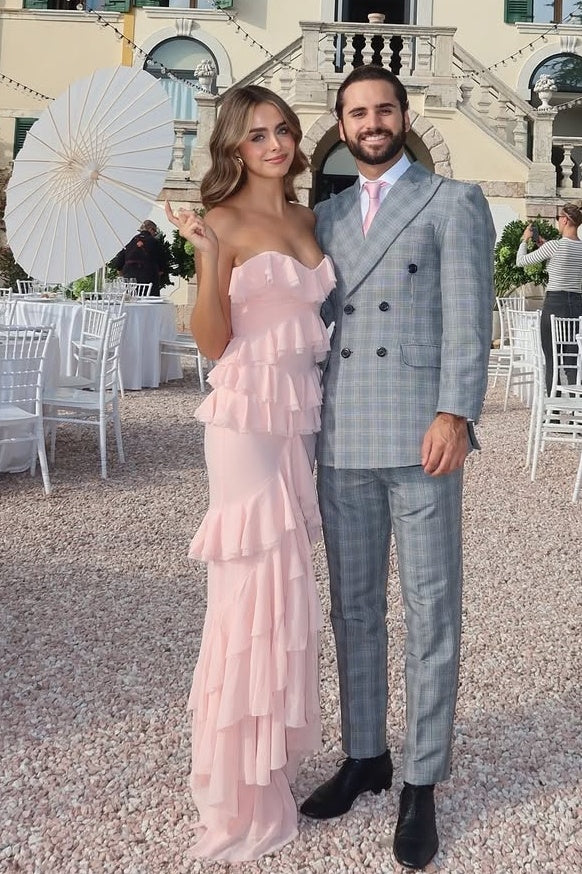 Princess Sheath Sweetheart Pink Long Prom Dress with Ruffles