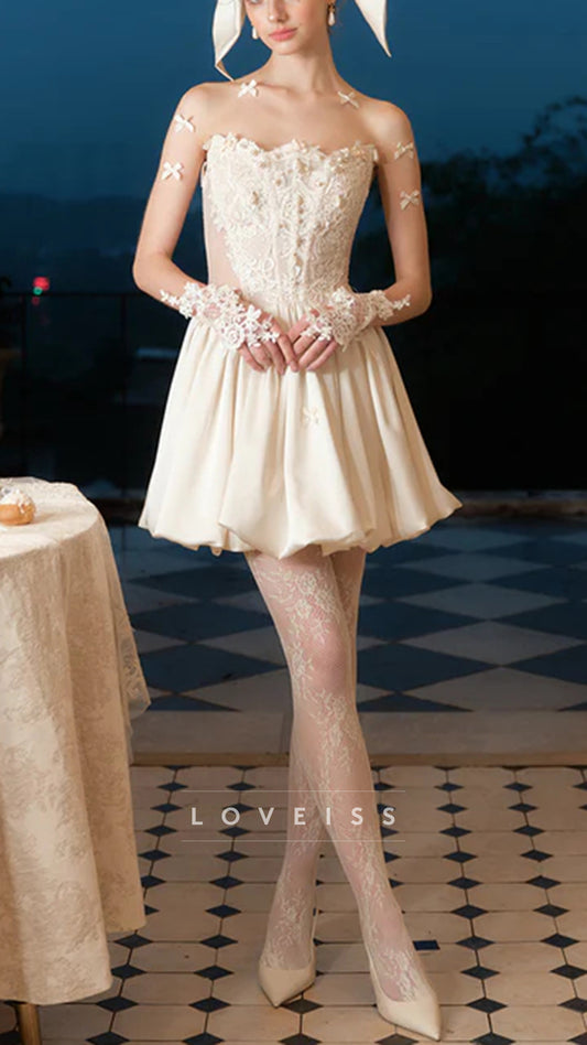 Off-Shoulder Long Sleeves Appliques Short Wedding Dress